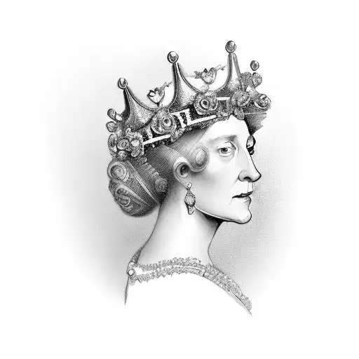 An elegant portrait of Elizabeth I with a rose crown tattoo design idea