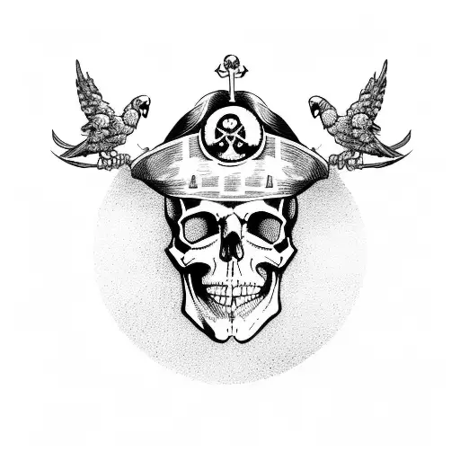 A skull wearing a pirate hat with a parrot perched on top, surrounded by celestial elements tattoo design idea
