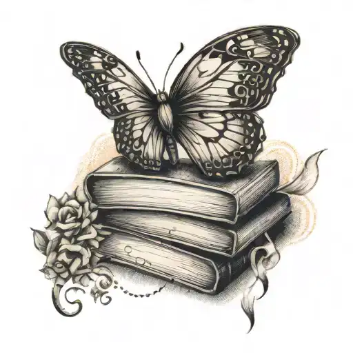 An intricate tattoo design of a stack of books with music notes intertwined, incorporating a butterfly and a sunrise in the background tattoo design idea