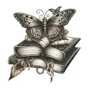 An intricate tattoo design of a stack of books with music notes intertwined, incorporating a butterfly and a sunrise in the background tattoo design idea