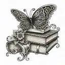 An intricate tattoo design of a stack of books with music notes intertwined, incorporating a butterfly and a sunrise in the background tattoo design idea