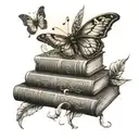 An intricate tattoo design of a stack of books with music notes intertwined, incorporating a butterfly and a sunrise in the background tattoo design idea