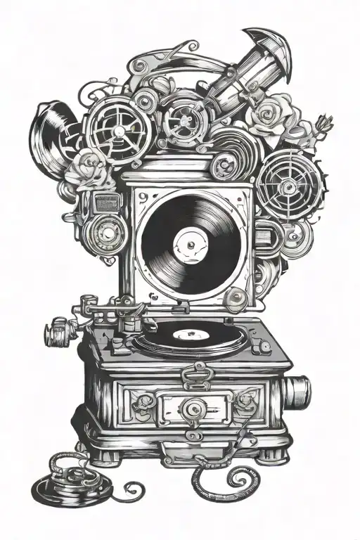 A tattoo design of a vintage record player with your children's names written on the records, reflecting your love for music and your kids tattoo design idea