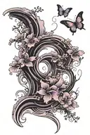(Arm tattoo linking to collar bone)Ocean Wave, with ink paint, butterfly, black and  purple outline, purple plum blossom tattoo design idea