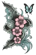 (Arm tattoo linking to collar bone)Ocean Wave, with ink paint, butterfly, black and  purple outline, purple plum blossom tattoo design idea