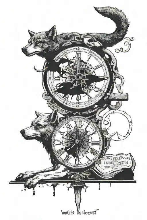 Wolf blood war hour roman numeral clock money writing 2002  tattoo design idea