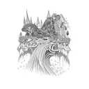 A dotwork tattoo illustrating a mystical South American rainforest with vibrant wildlife and cascading waterfalls tattoo design idea