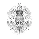 A dotwork tattoo illustrating a mystical South American rainforest with vibrant wildlife and cascading waterfalls tattoo design idea