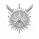 Create a dotwork tattoo of a crossfit barbell surrounded by a wreath of resilience and loyalty symbols tattoo design idea