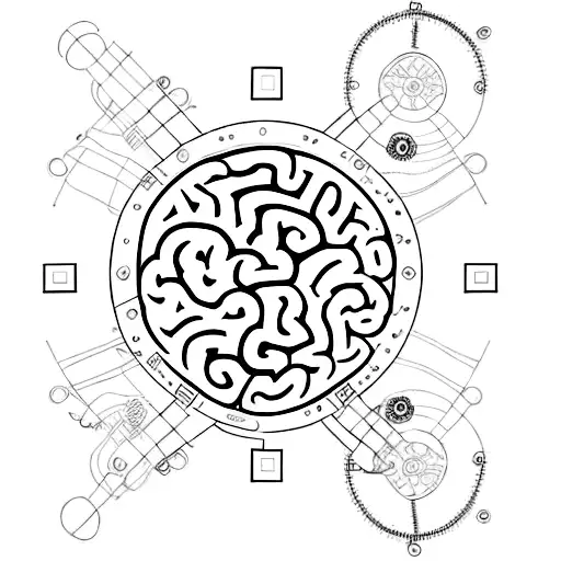 A brain with intricate gears and locks, symbolizing the complexity of overthinking and the struggle to trust one's own thoughts tattoo design idea