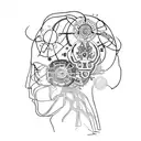 A brain with intricate gears and locks, symbolizing the complexity of overthinking and the struggle to trust one's own thoughts tattoo design idea
