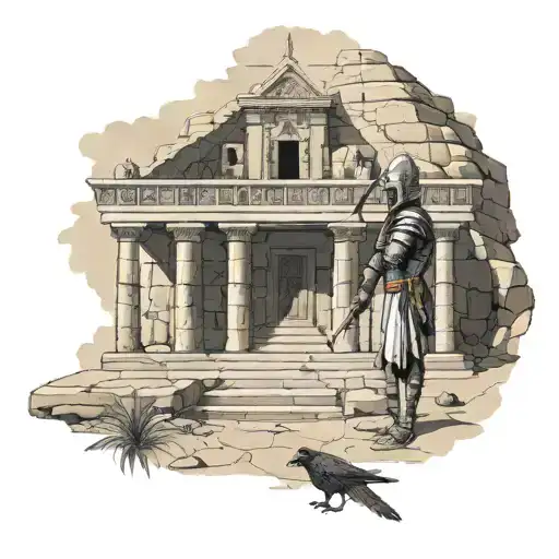 Create a detailed illustration of a Templar knight exploring an ancient Egyptian tomb, surrounded by symbols of both cultures and a map showing the location of the treasure tattoo design idea