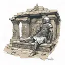 Create a detailed illustration of a Templar knight exploring an ancient Egyptian tomb, surrounded by symbols of both cultures and a map showing the location of the treasure tattoo design idea