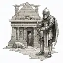 Create a detailed illustration of a Templar knight exploring an ancient Egyptian tomb, surrounded by symbols of both cultures and a map showing the location of the treasure tattoo design idea