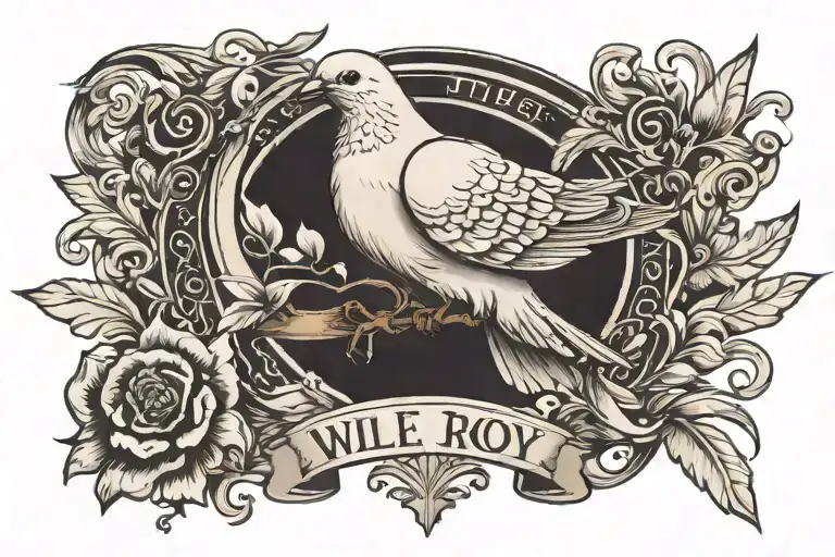 dove with banner in its mouth that says w illie Roy   tattoo design idea