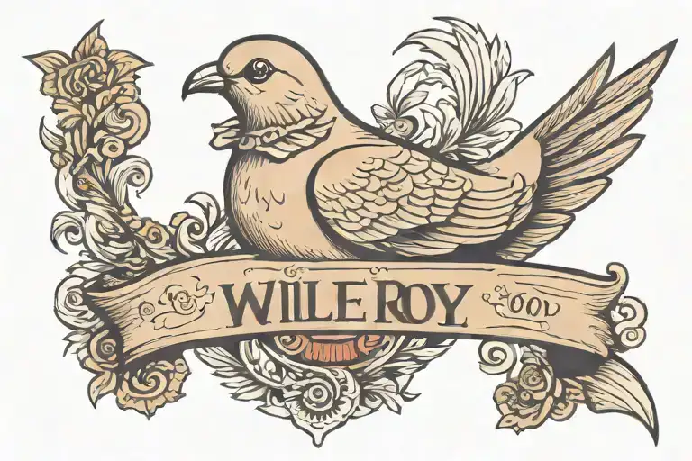 dove with a banner in mouth with the name Willie Roy    tattoo design idea