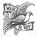 dove Carying banner in mouth with the name Willie Roy with the birthdate 7-31-45 and death date 1-28-21 tattoo design idea