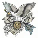 dove Carying banner in mouth with the name Willie Roy with the birthdate 7-31-45 and death date 1-28-21 tattoo design idea