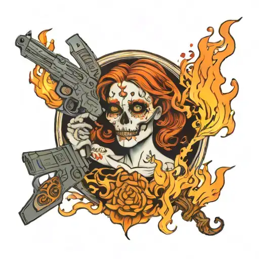 tarot card woman coming out of flames gun skull tattoo design idea