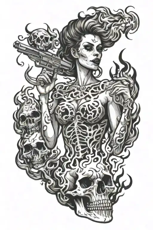 woman coming out of flames full body , smoking cigarette gun skull tattoo design idea