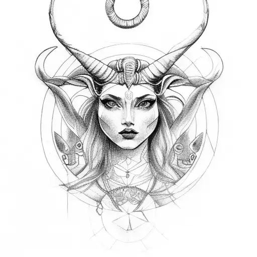 gemini goddess with Aries horns and Leo headress tattoo design idea
