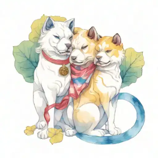 Japanese shisa dogs in an omamori ofuda with gingko leaves tattoo design idea