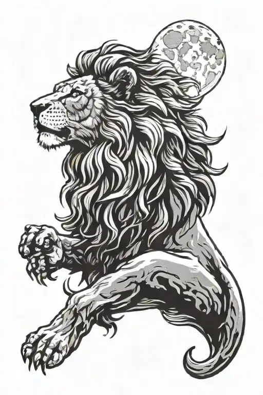 A lion howling at the moon in a blackwork style tattoo design idea