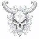 Black and white, Skull of an capricorn from the Front, long horns,  white background, art by Hand, Fine Lines, tattoo de tattoo design idea