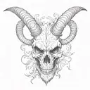 Black and white, Skull of an capricorn from the Front, long horns,  white background, art by Hand, Fine Lines, tattoo de tattoo design idea
