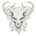 Black and white, Skull of an capricorn from the Front, long horns,  white background, art by Hand, Fine Lines, tattoo de tattoo design idea
