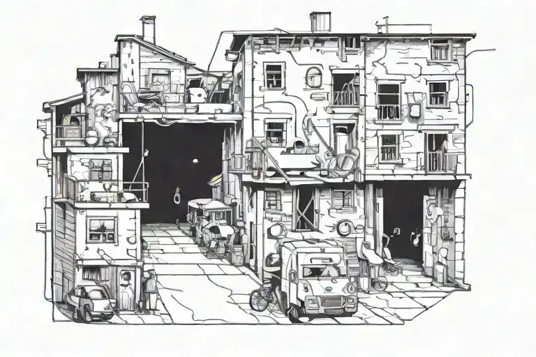 An apocalyptic city by night, with gangsters, prostitutes, bars and alleyways. The tattoo to be in aerial view tattoo design idea