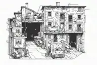 An apocalyptic city by night, with gangsters, prostitutes, bars and alleyways. The tattoo to be in aerial view tattoo design idea