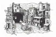 An apocalyptic city by night, with gangsters, prostitutes, bars and alleyways. The tattoo to be in aerial view tattoo design idea