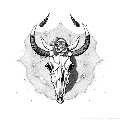 long horn skull with beehive and rock arch tattoo design idea