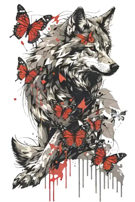 an angry wolf comes out of the distinctive forest and a red butterfly sits on his ear tattoo design idea