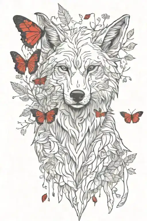 an angry wolf comes out of the forest with a red butterfly sitting on his ear tattoo design idea
