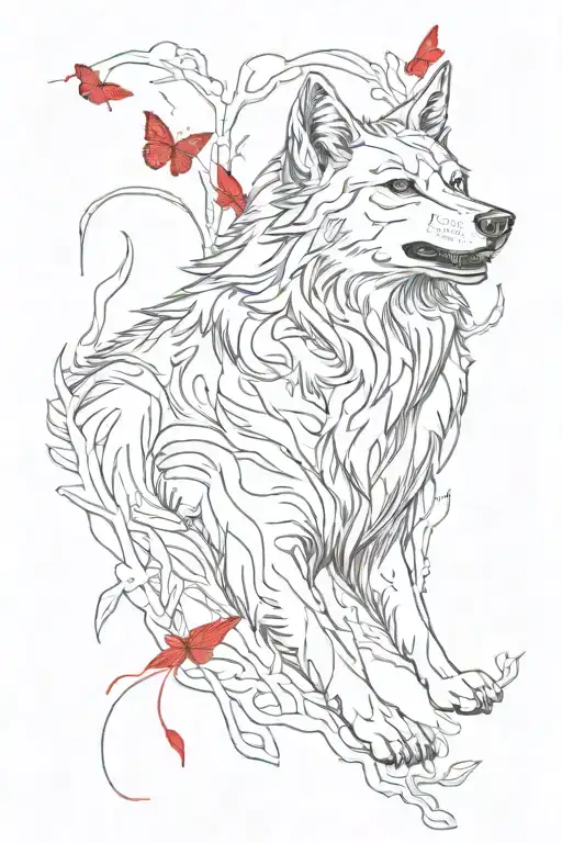 an angry wolf comes out of the distinctive forest and a red butterfly sits on his ear tattoo design idea