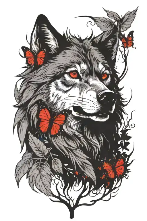 an angry wolf comes out of the forest with a red butterfly sitting on his ear tattoo design idea