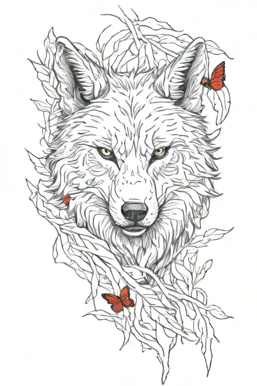 an angry wolf comes out of the forest with a red butterfly sitting on his ear tattoo design idea
