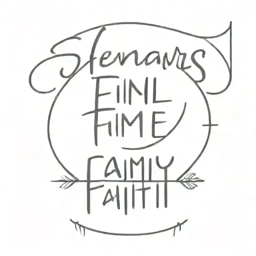 generates a minimalist tattoo of 3 words family, strength and faith with leftovers in black tattoo design idea