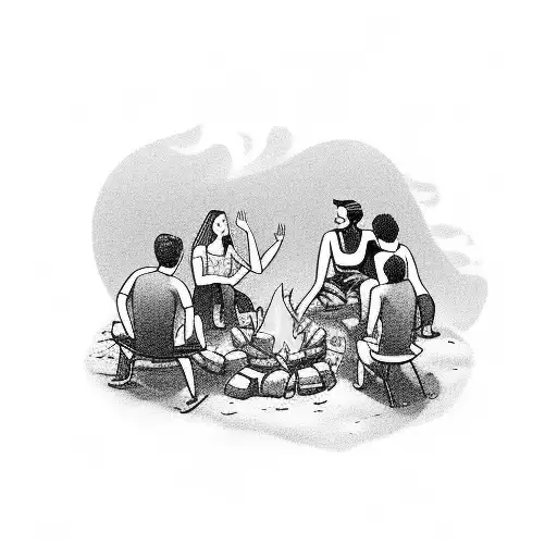 A black-grey tattoo of a group of friends sitting around a campfire, engaged in lively conversation tattoo design idea
