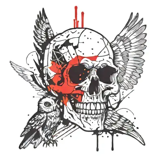Skull with red eyes against the background of Ravens and ink faces  tattoo design idea