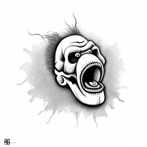a clown's smile in the skull of a baboon tattoo design idea