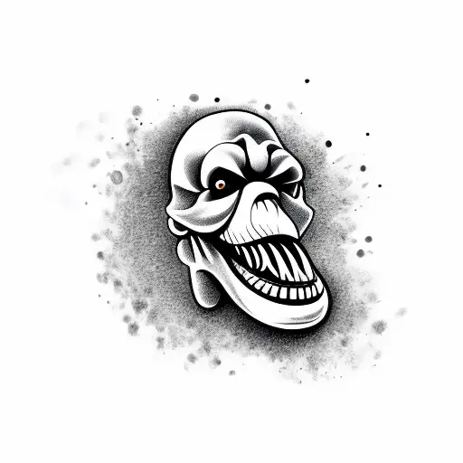 a clown's smile in the skull of a baboon tattoo design idea