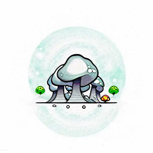 A new-school style tattoo of a Green 1 Up Mushroom with a space-themed pattern inside tattoo design idea