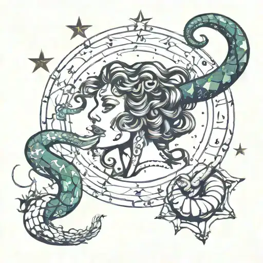 constellation cassiopeia with a snake going around it with its head being the head of medusa tattoo design idea