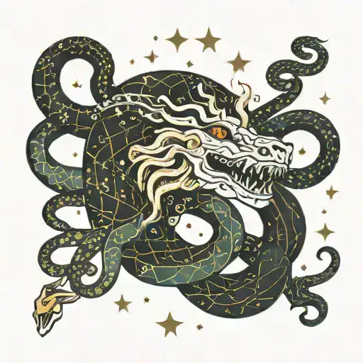 constellation cassiopeia with a snake going around it with its head being the head of medusa tattoo design idea