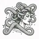constellation cassiopeia with a snake going around it with its head being the head of medusa tattoo design idea
