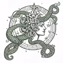 constellation cassiopeia with a snake going around it with its head being the head of medusa tattoo design idea