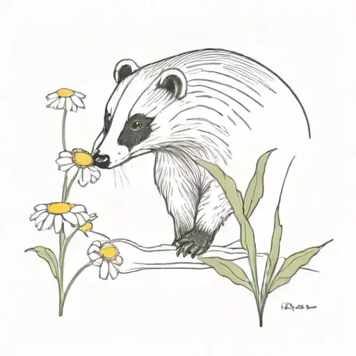 A badger sniffs a chamomile flowers surrounded tattoo design idea